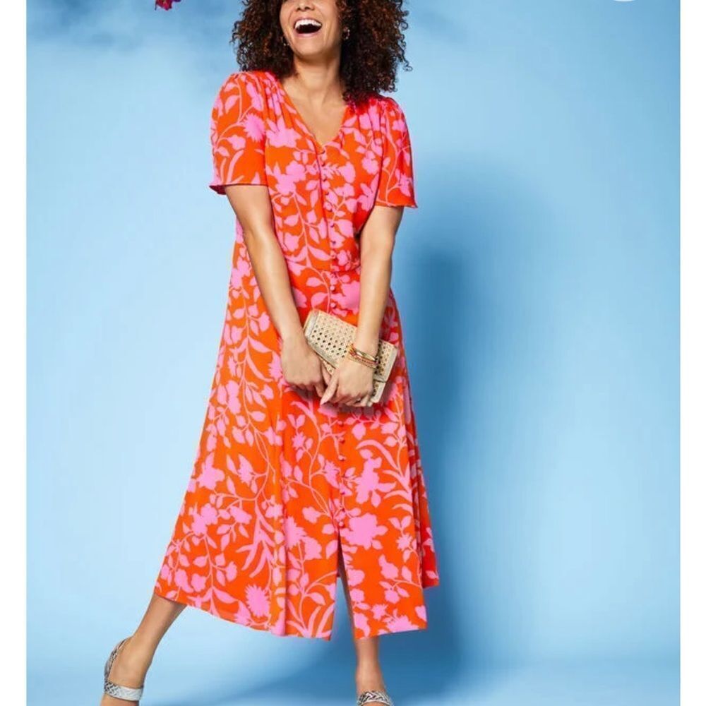 Talbots Orange Pink Floral Silhouette Garden Flutter Sleeve Button Crepe Dress